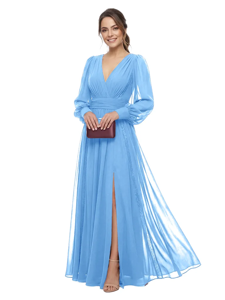 Chicsew Elegant V-Neck Chiffon Long Sleeves Ruched Side Slit Maxi Mother Of The Bride Dress sold by ChicSew product image thumbnail 5