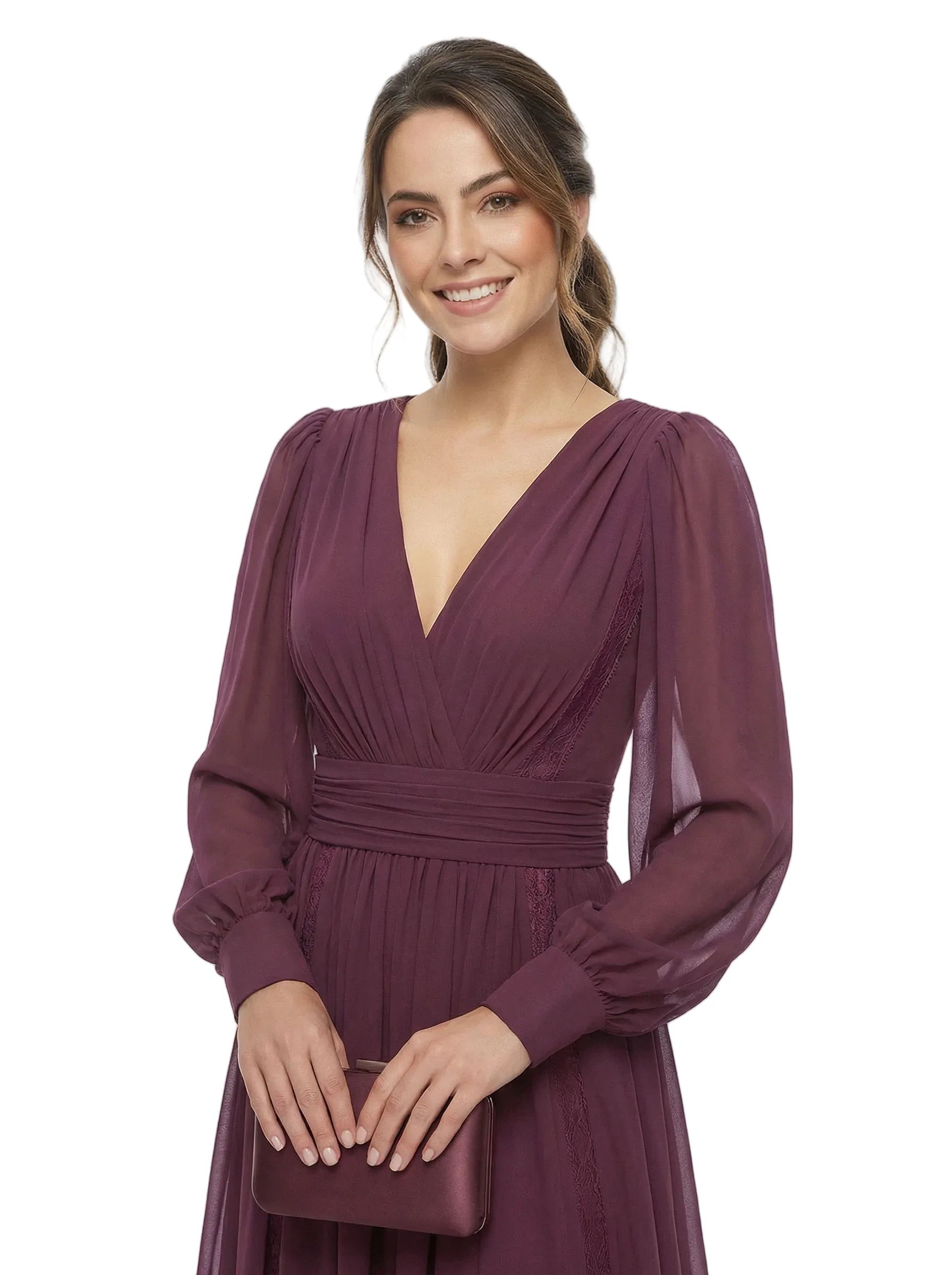 Chicsew Elegant V-Neck Chiffon Long Sleeves Ruched Side Slit Maxi Mother Of The Bride Dress sold by ChicSew product image thumbnail 2