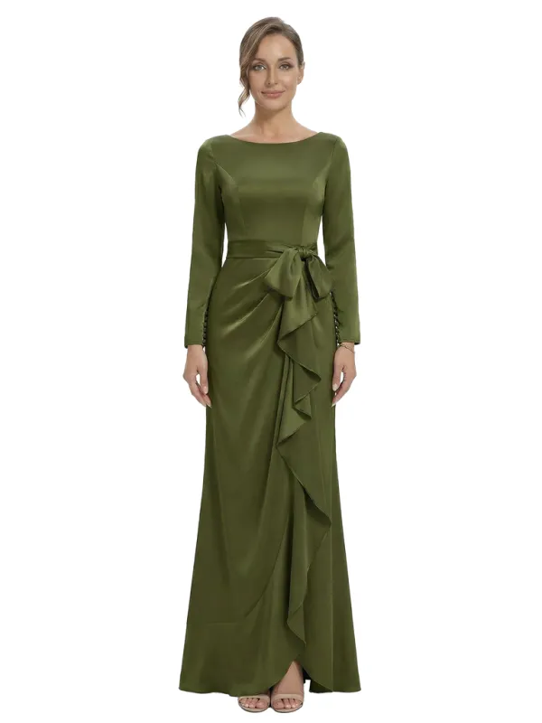 Chicsew Unique Jewel Long Sleeve Satin Mother of The Groom Dress Long A-Line Ruffle Bow Stylish Gown sold by ChicSew