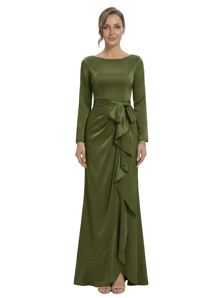 Chicsew Unique Jewel Long Sleeve Satin Mother of The Groom Dress Long A-Line Ruffle Bow Stylish Gown sold by ChicSew