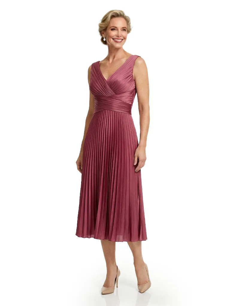 Chicsew Classy Sleeveless V-Neck Pleated Silky Satin Mother Of The Bride Midi Dress sold by ChicSew