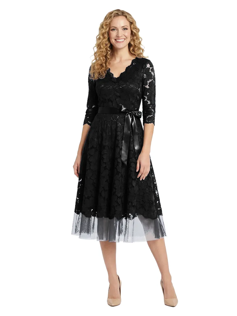 Chicsew Beautiful V-Neck 3/4 Sleeve Lace Mother of The Bride Dress Midi A-Line Bow Accent Flowy Gown sold by ChicSew product image thumbnail 4