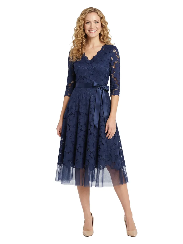 Chicsew Beautiful V-Neck 3/4 Sleeve Lace Mother of The Bride Dress Midi A-Line Bow Accent Flowy Gown sold by ChicSew