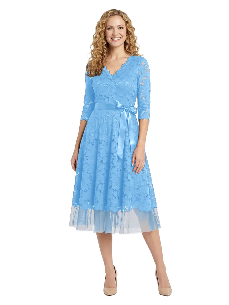 Chicsew Beautiful V-Neck 3/4 Sleeve Lace Mother of The Bride Dress Midi A-Line Bow Accent Flowy Gown sold by ChicSew product image thumbnail 5