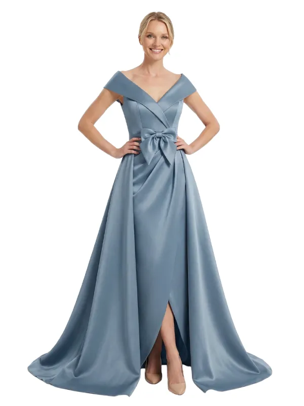 Chicsew Mother of The Groom Dresses Overskirt Cap Sleeves Satin Wedding Guest Dresses With Slit sold by ChicSew