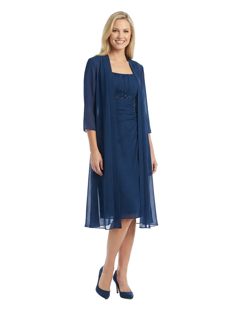 Chicsew Classy Square 3/4 Sleeve Chiffon Mother of The Groom Dress Midi Set Sheer Jacket Beaded Gown sold by ChicSew