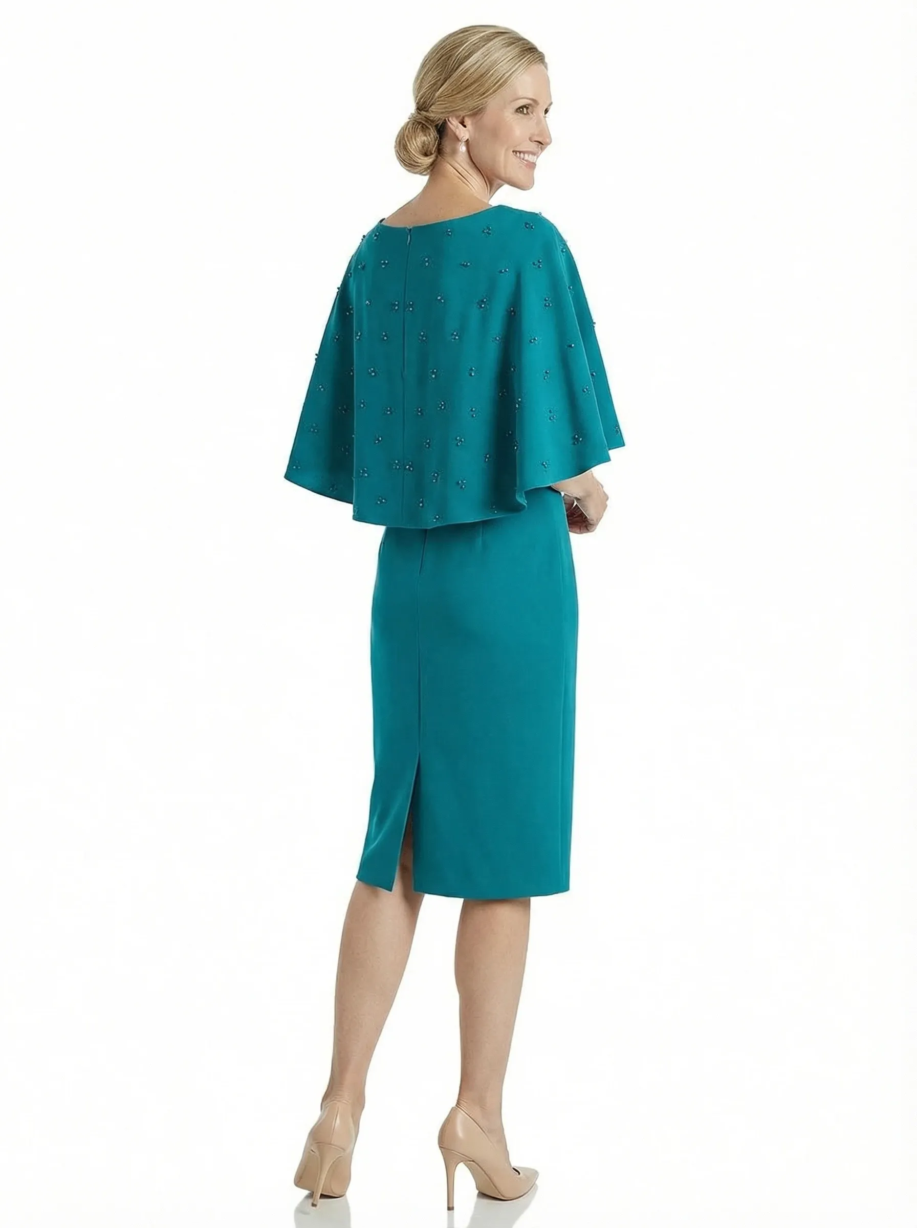 Chicsew Classy Scoop Beaded Cape Sleeves Knee-Length Sheath Mother Of Groom Gown sold by ChicSew product image thumbnail 3