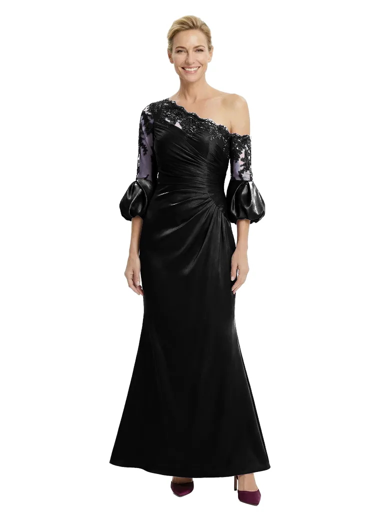 Chicsew Pretty One Shoulder Lace Puff Sleeve Satin Mother of The Bride Dress Long Mermaid Gown sold by ChicSew product image thumbnail 4