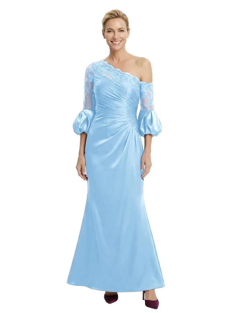 Chicsew Pretty One Shoulder Lace Puff Sleeve Satin Mother of The Bride Dress Long Mermaid Gown sold by ChicSew product image thumbnail 5