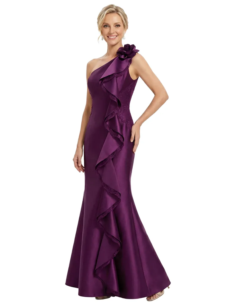 Chicsew Morden One Shoulder Lace Appliques Ruffle Satin Mermaid Mother of The Bride Dresses sold by ChicSew