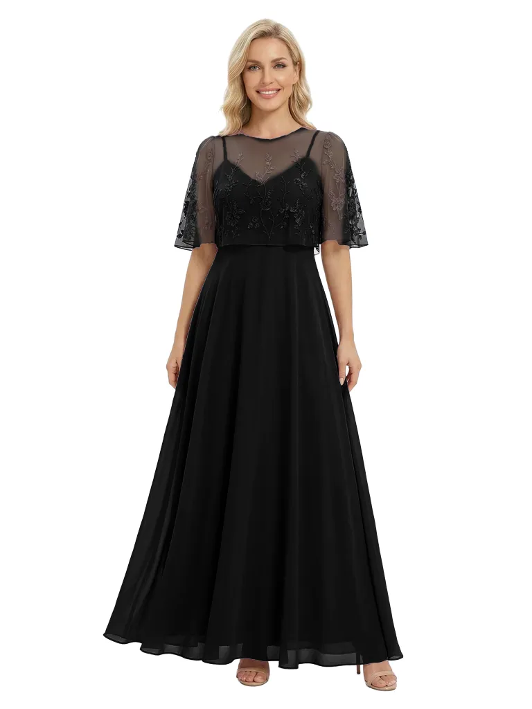 Chicsew Mother of The Groom Dresses Scoop Cape Sleeve Chiffon Maxi Gown Pretty Lace Applique Formal Bridal Event Dress sold by ChicSew product image thumbnail 4