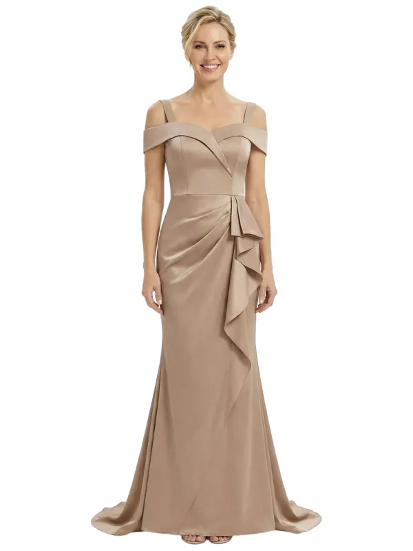 Chicsew Mother of The Groom Dresses Cold Shoulder Sleeveless Satin Mermaid Maxi Gown Classy Ruffled Formal Bridal Party Dress sold by ChicSew