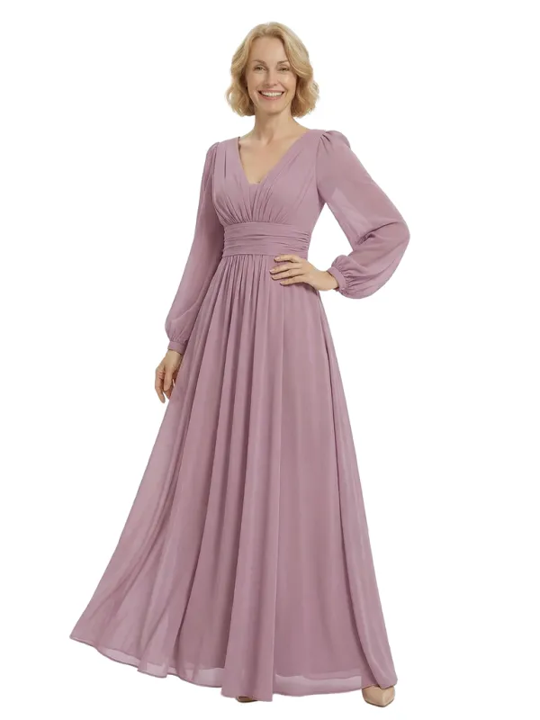 Chicsew Mother of The Bride Dresses V-Neck Long Sleeve Chiffon Maxi Gown Classy Ruched Formal Wedding Event Attire sold by ChicSew