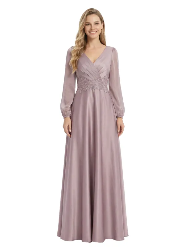 Chicsew Mother of The Groom Dresses V-Neck Long Sleeve Satin Maxi Gown Pretty Lace Detailed Formal Bridal Event Dress sold by ChicSew