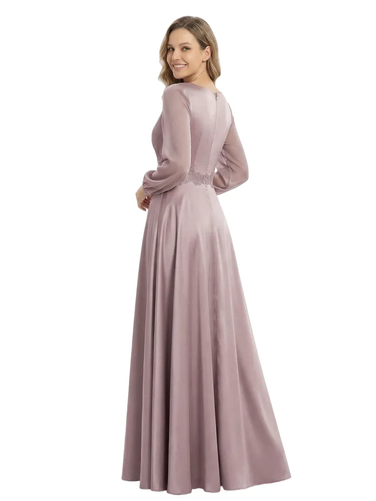 Chicsew Mother of The Groom Dresses V-Neck Long Sleeve Satin Maxi Gown Pretty Lace Detailed Formal Bridal Event Dress sold by ChicSew product image thumbnail 3