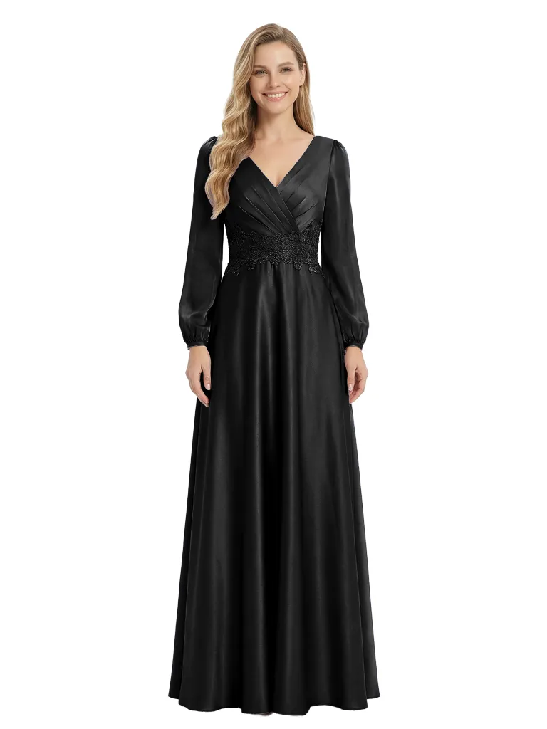 Chicsew Mother of The Groom Dresses V-Neck Long Sleeve Satin Maxi Gown Pretty Lace Detailed Formal Bridal Event Dress sold by ChicSew product image thumbnail 4