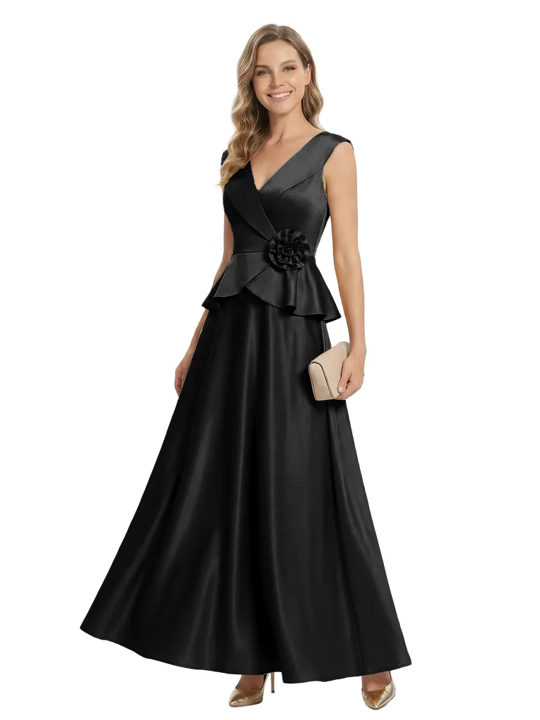 Chicsew Mother of The Bride Dresses V-Neck Sleeveless Satin Peplum Maxi Gown Fancy Flower Detailed Formal Wedding Dress sold by ChicSew product image thumbnail 4
