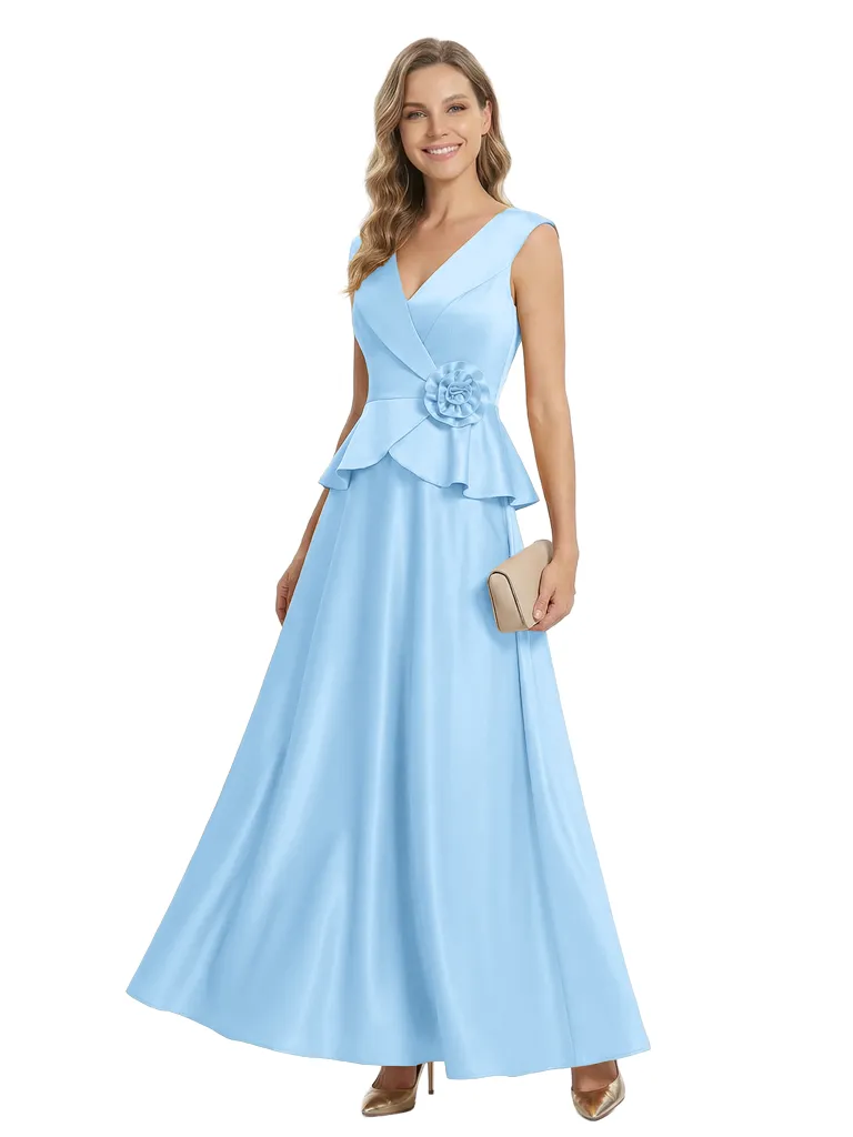 Chicsew Mother of The Bride Dresses V-Neck Sleeveless Satin Peplum Maxi Gown Fancy Flower Detailed Formal Wedding Dress sold by ChicSew product image thumbnail 5