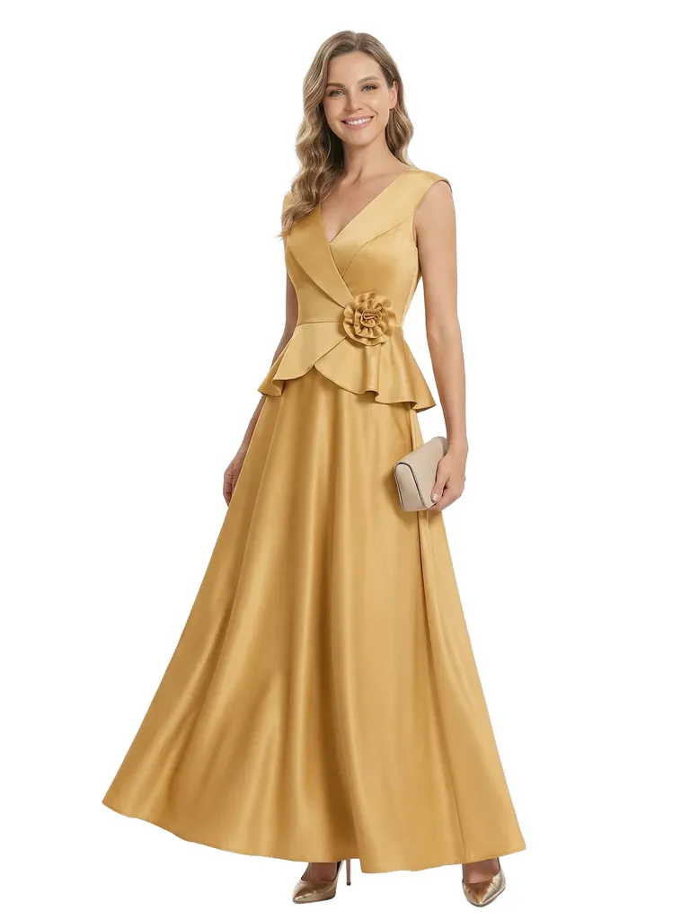 Chicsew Mother of The Bride Dresses V-Neck Sleeveless Satin Peplum Maxi Gown Fancy Flower Detailed Formal Wedding Dress sold by ChicSew