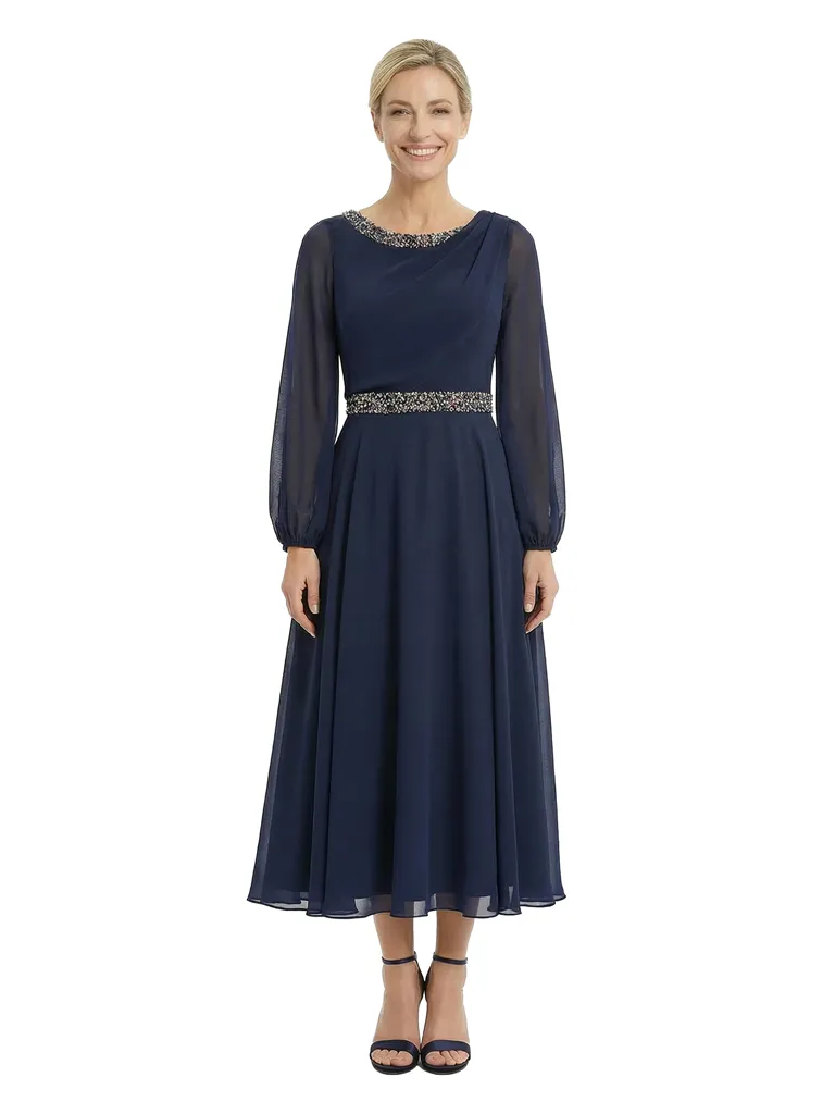 Chicsew Gorgeous Scoop Long Sleeve Chiffon Mother of The Bride Dress Midi A-Line Beaded Classy Gown sold by ChicSew