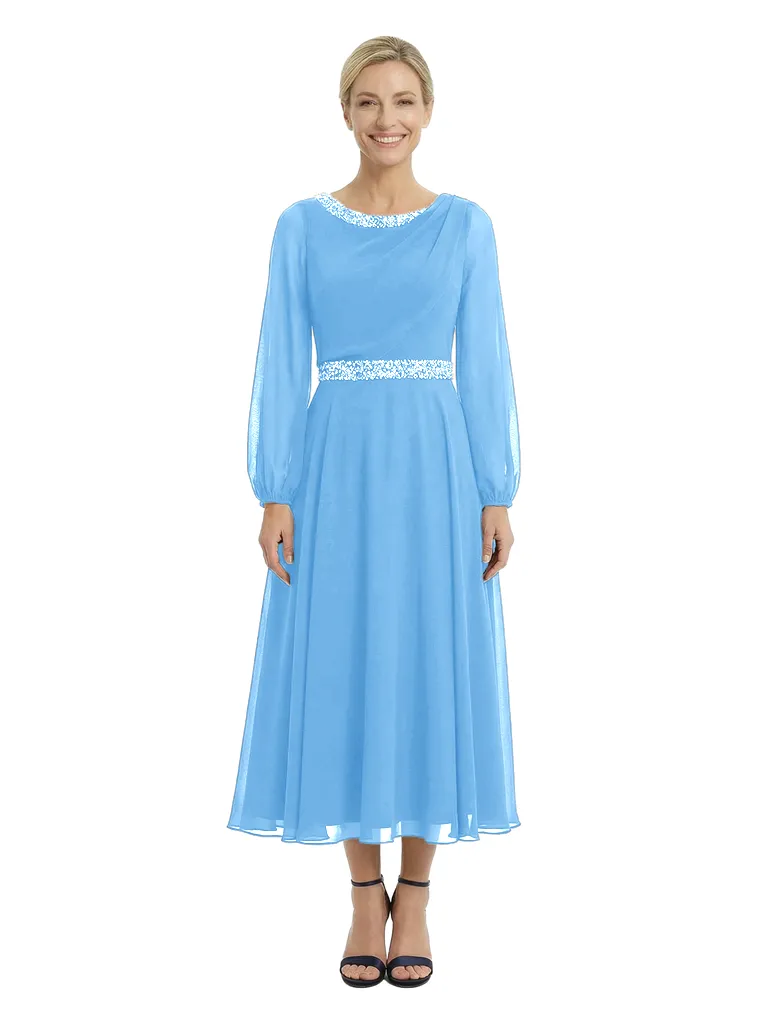 Chicsew Gorgeous Scoop Long Sleeve Chiffon Mother of The Bride Dress Midi A-Line Beaded Classy Gown sold by ChicSew product image thumbnail 5
