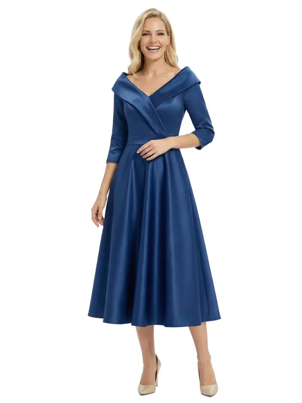 Chicsew Modern Off Shoulder 3/4 Sleeve Satin Mother of The Groom Dress Midi A-Line Formal Gown sold by ChicSew