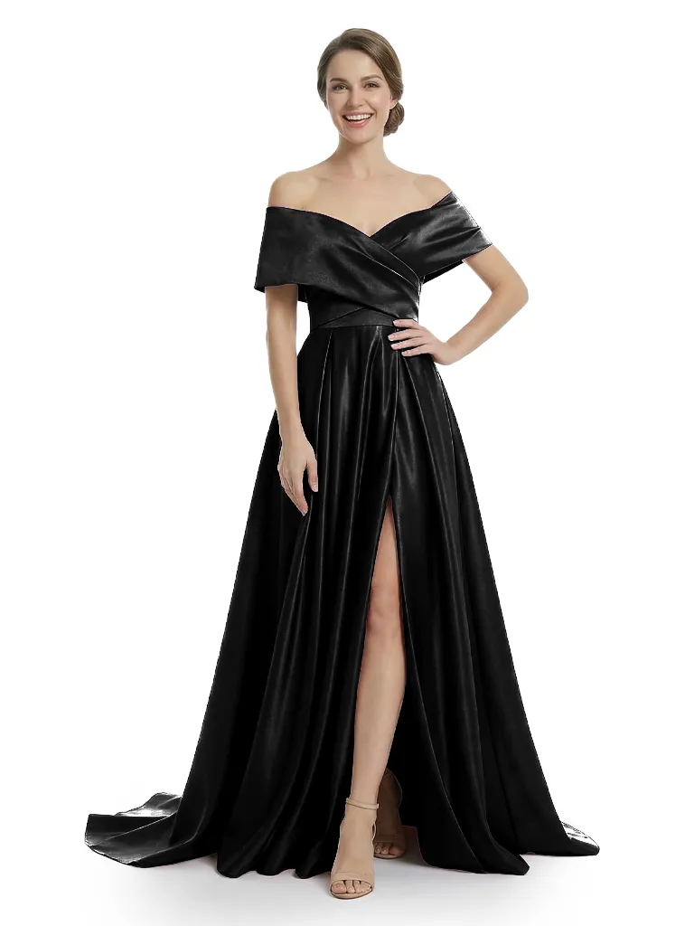 Chicsew Mother of The Groom Dresses Elegant Off the Shoulder Satin Train Gown Slit Fancy Ruched Formal Bridal Party Dress sold by ChicSew product image thumbnail 4
