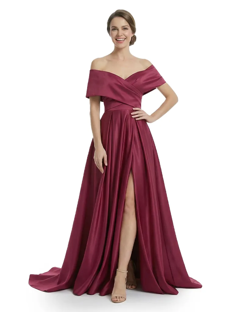 Chicsew Mother of The Groom Dresses Elegant Off the Shoulder Satin Train Gown Slit Fancy Ruched Formal Bridal Party Dress sold by ChicSew