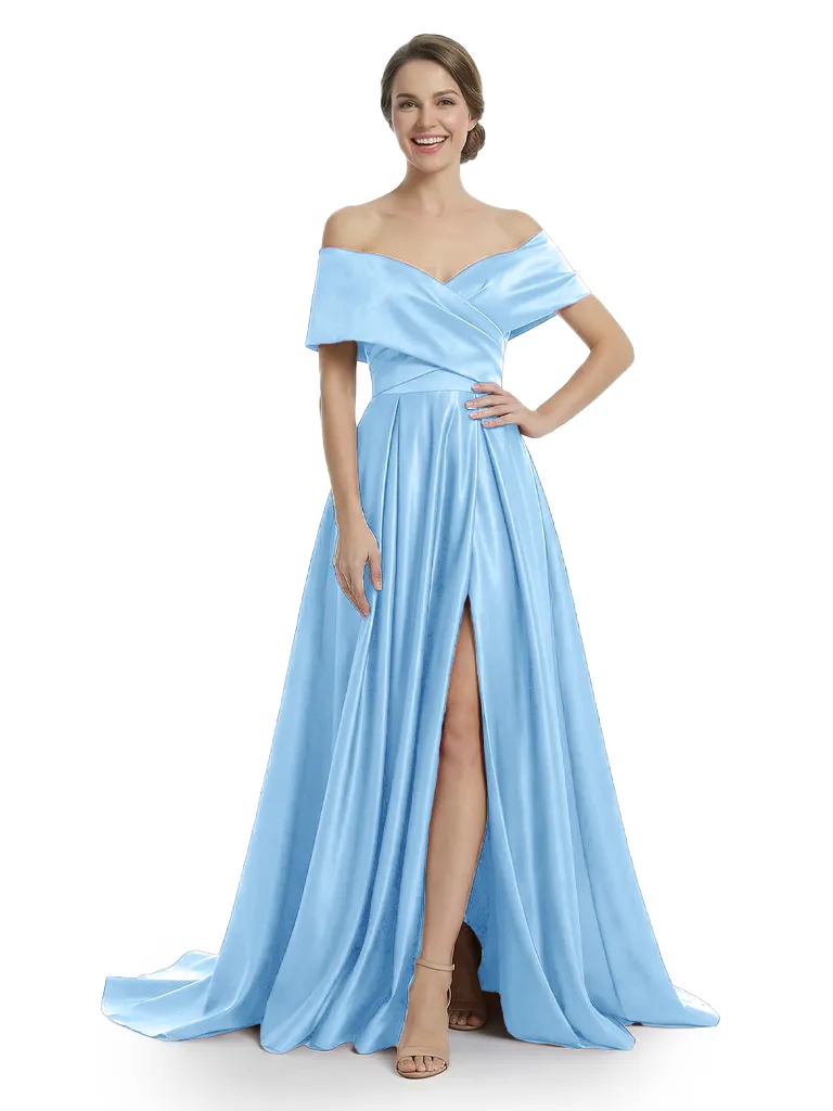 Chicsew Mother of The Groom Dresses Elegant Off the Shoulder Satin Train Gown Slit Fancy Ruched Formal Bridal Party Dress sold by ChicSew product image thumbnail 5