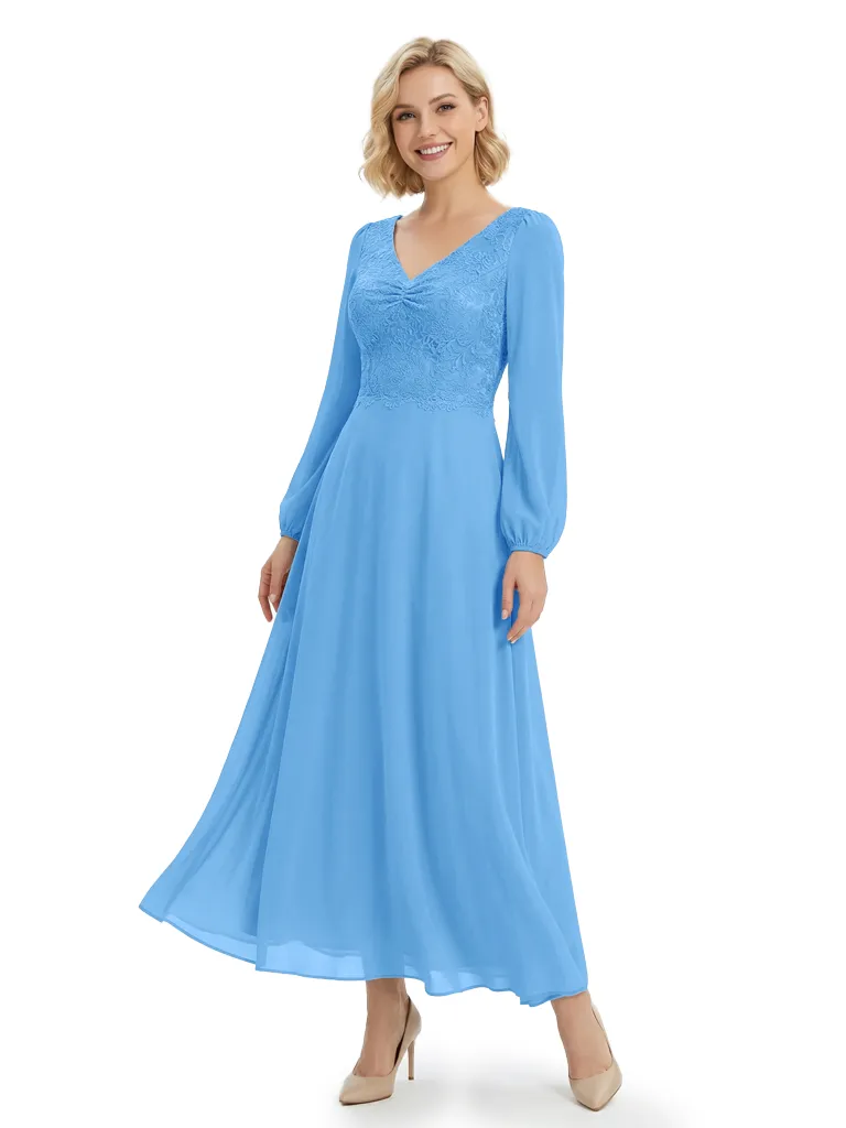 Chicsew Mother of The Bride Dresses Stylish V-Neck Long Sleeve Lace Chiffon Maxi Gown Pretty Flowy Formal Wedding Event Dress sold by ChicSew product image thumbnail 5