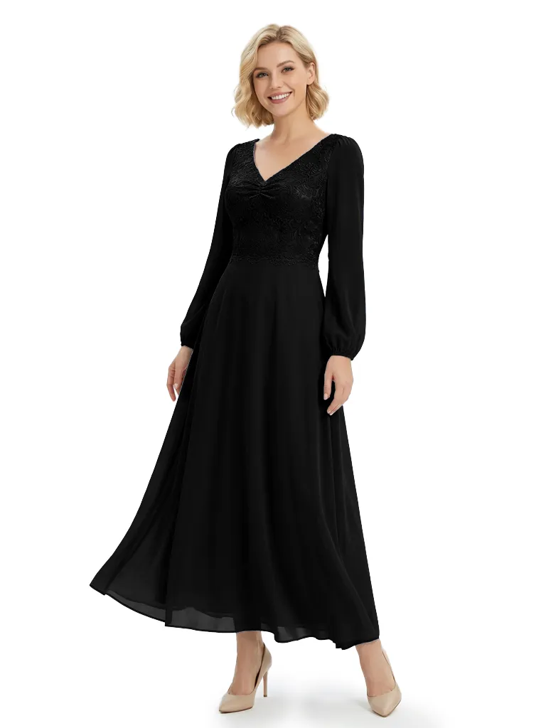 Chicsew Mother of The Bride Dresses Stylish V-Neck Long Sleeve Lace Chiffon Maxi Gown Pretty Flowy Formal Wedding Event Dress sold by ChicSew product image thumbnail 4