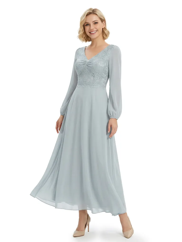 Chicsew Mother of The Bride Dresses Stylish V-Neck Long Sleeve Lace Chiffon Maxi Gown Pretty Flowy Formal Wedding Event Dress sold by ChicSew