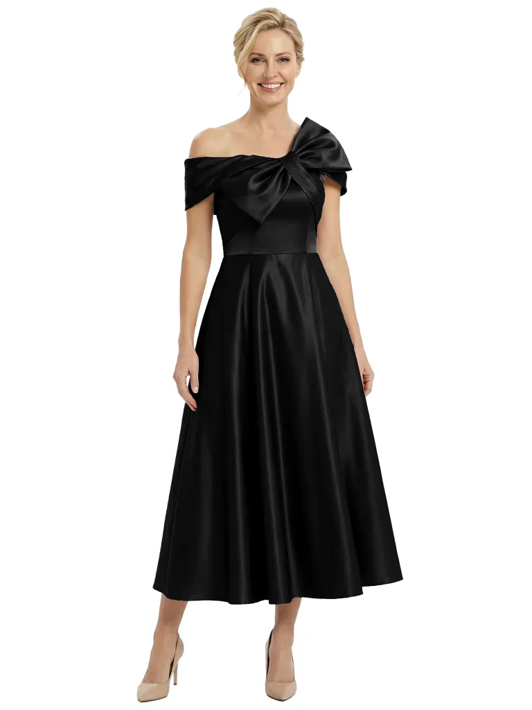 Chicsew Mother of The Bride Dresses Off The Shoulder Satin Tea Length Gown Unique Bow Detailed Formal Wedding Dress sold by ChicSew product image thumbnail 4