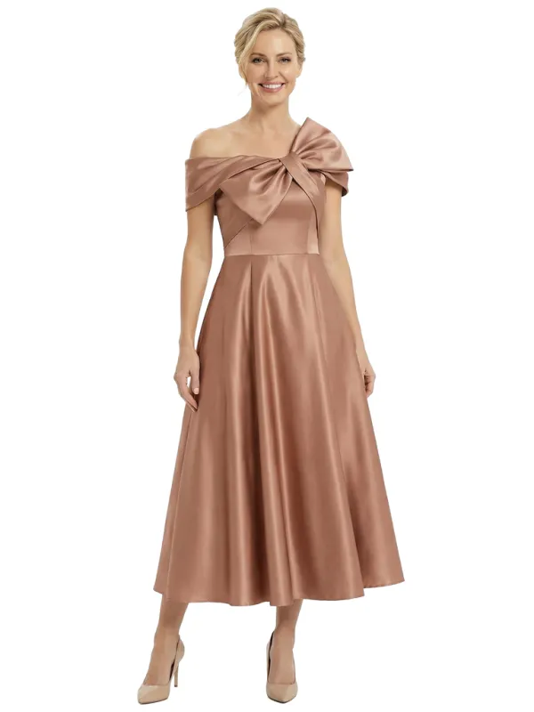 Chicsew Mother of The Bride Dresses Off The Shoulder Satin Tea Length Gown Unique Bow Detailed Formal Wedding Dress sold by ChicSew