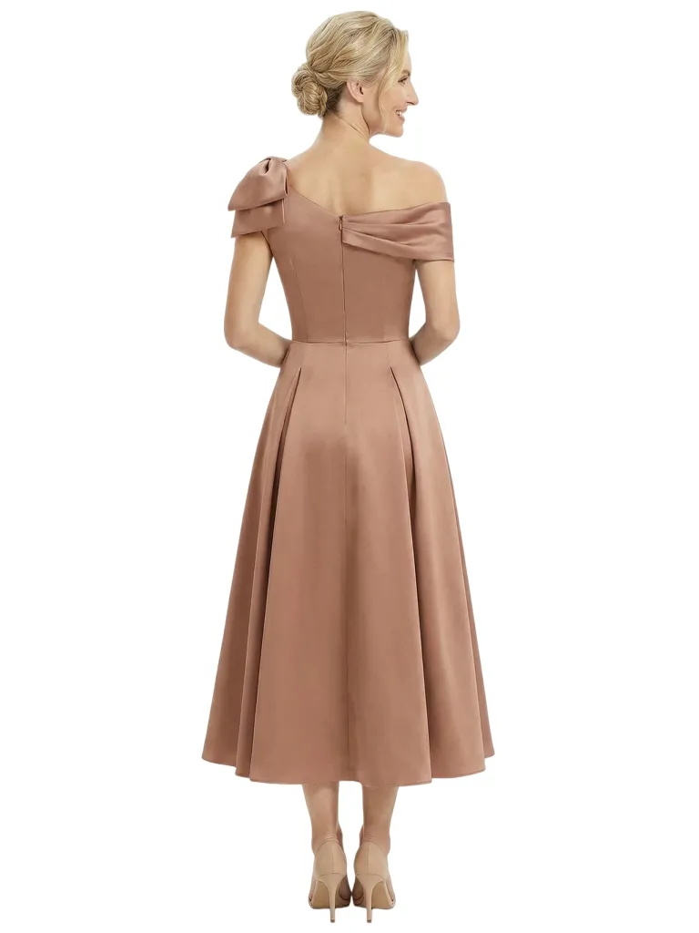 Chicsew Mother of The Bride Dresses Off The Shoulder Satin Tea Length Gown Unique Bow Detailed Formal Wedding Dress sold by ChicSew product image thumbnail 3