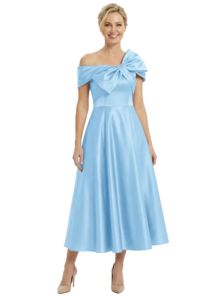 Chicsew Mother of The Bride Dresses Off The Shoulder Satin Tea Length Gown Unique Bow Detailed Formal Wedding Dress sold by ChicSew product image thumbnail 5