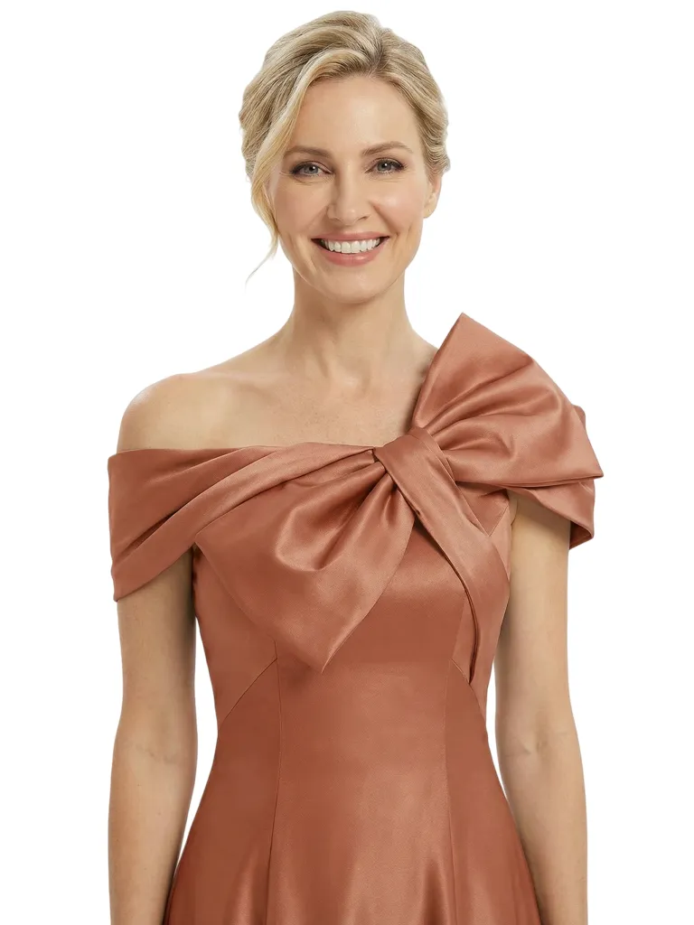 Chicsew Mother of The Bride Dresses Off The Shoulder Satin Tea Length Gown Unique Bow Detailed Formal Wedding Dress sold by ChicSew product image thumbnail 2