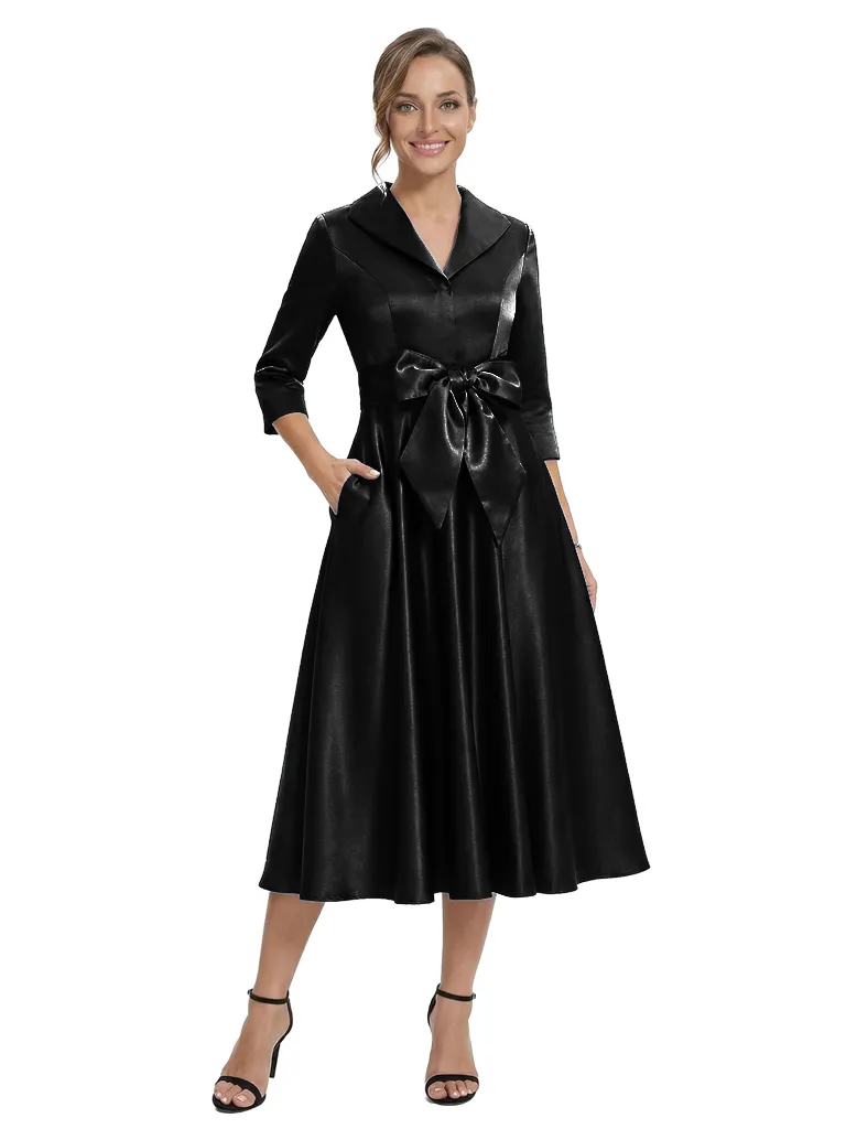 Chicsew Stylish Lapel 3/4 Sleeve Satin Mother of The Groom Dress Midi A-Line Bow Fancy Gown sold by ChicSew product image thumbnail 4