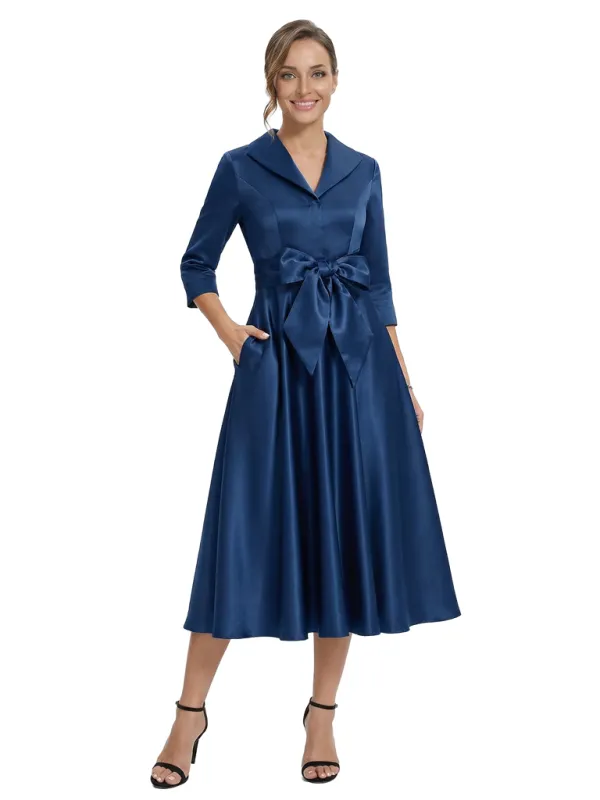 Chicsew Stylish Lapel 3/4 Sleeve Satin Mother of The Groom Dress Midi A-Line Bow Fancy Gown sold by ChicSew