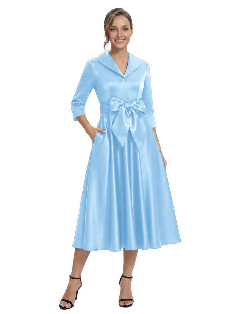 Chicsew Stylish Lapel 3/4 Sleeve Satin Mother of The Groom Dress Midi A-Line Bow Fancy Gown sold by ChicSew product image thumbnail 5