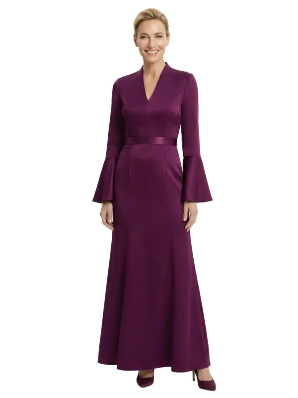 Chicsew Sophisticated V-Neck Bell Sleeve Satin Mother of The Bride Dress Long A-Line Classy Formal Gown sold by ChicSew