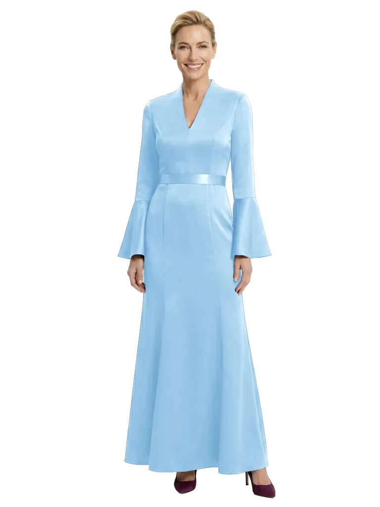 Chicsew Sophisticated V-Neck Bell Sleeve Satin Mother of The Bride Dress Long A-Line Classy Formal Gown sold by ChicSew product image thumbnail 5