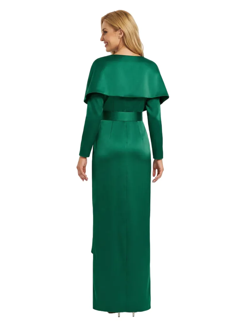 Chicsew Mother of The Bride Dresses V-Neck Long Sleeve Satin Capelet Maxi Gown Classy Belted Formal Wedding Event Attire sold by ChicSew product image thumbnail 2
