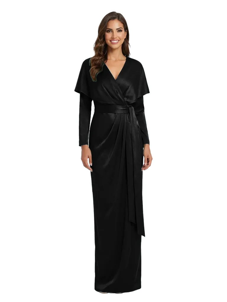 Chicsew Mother of The Bride Dresses V-Neck Long Sleeve Satin Capelet Maxi Gown Classy Belted Formal Wedding Event Attire sold by ChicSew product image thumbnail 3