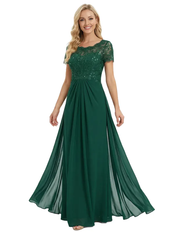 Chicsew Gorgeous Short Sleeve Mother of The Groom Dress Flowy Long Chiffon Formal Gown made by ChicSew