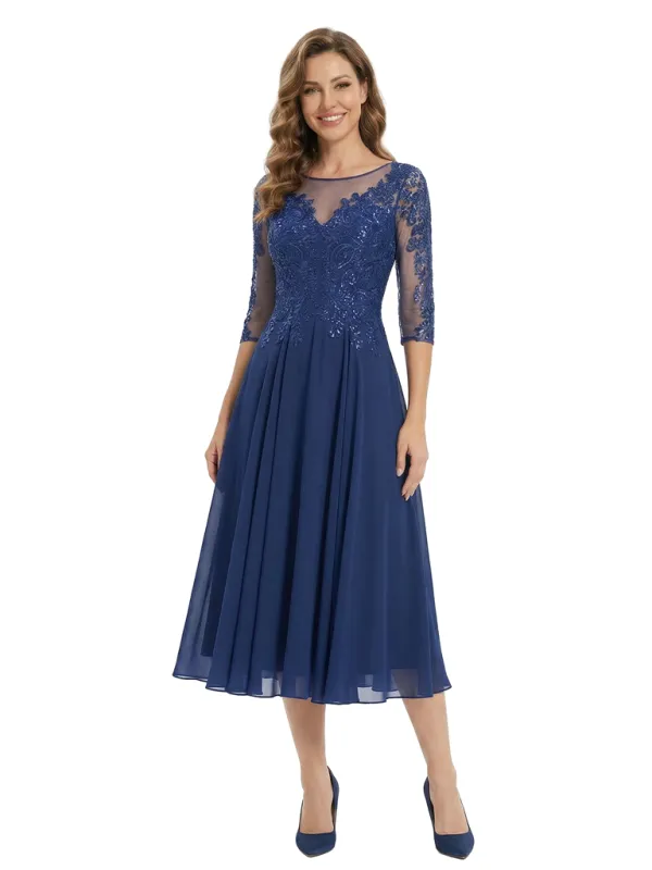 Chicsew Elegant Illusion 3/4 Sleeve Lace Sequin Mother of The Bride Dress Flowy Midi Chiffon Classy Gown sold by ChicSew