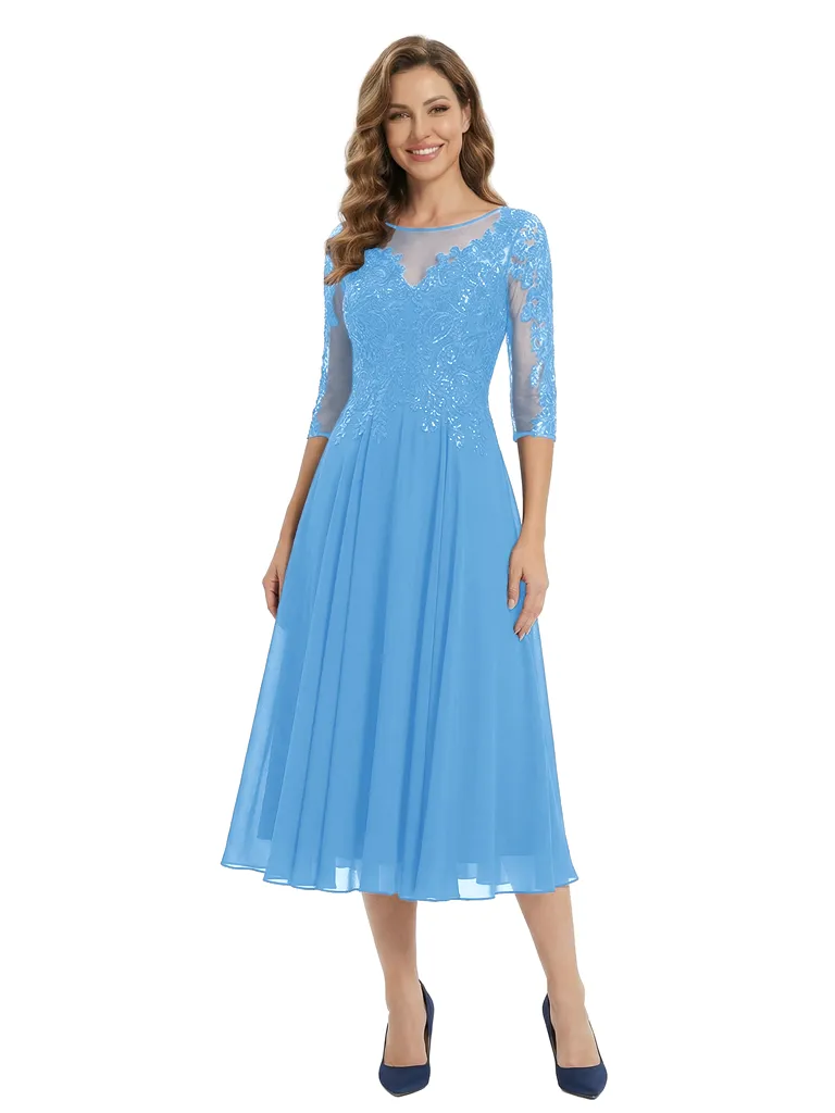 Chicsew Elegant Illusion 3/4 Sleeve Lace Sequin Mother of The Bride Dress Flowy Midi Chiffon Classy Gown sold by ChicSew product image thumbnail 5