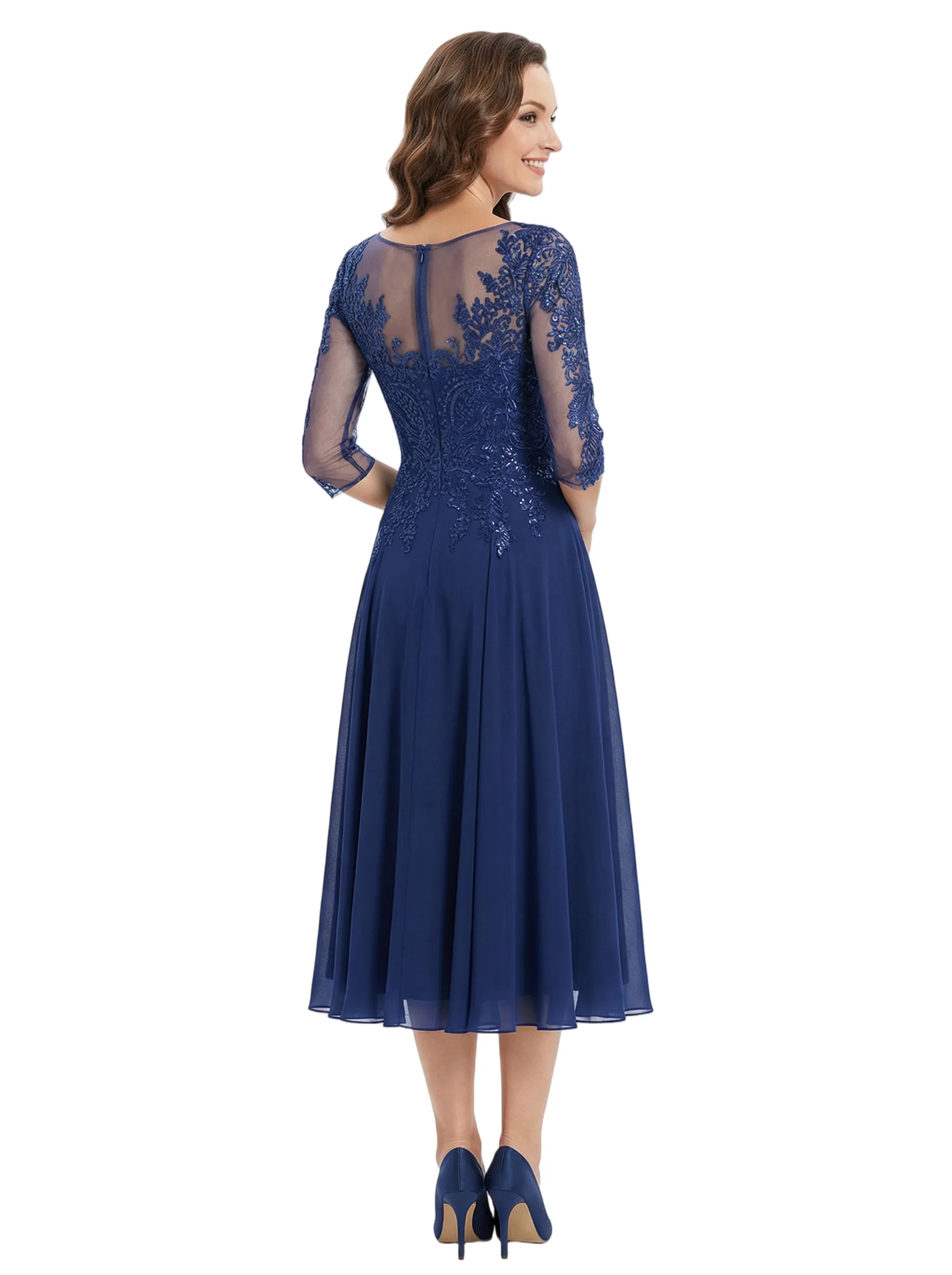 Chicsew Elegant Illusion 3/4 Sleeve Lace Sequin Mother of The Bride Dress Flowy Midi Chiffon Classy Gown sold by ChicSew product image thumbnail 2