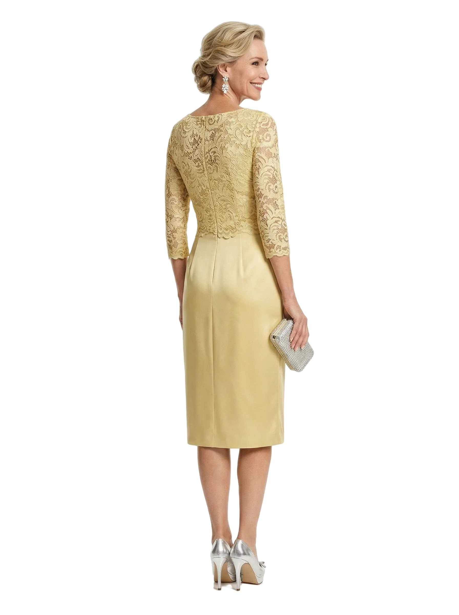 Chicsew Lace Top Long Sleeves Knee-Length Satin Sheath Mother Of The Groom Dresses For Wedding sold by ChicSew product image thumbnail 3