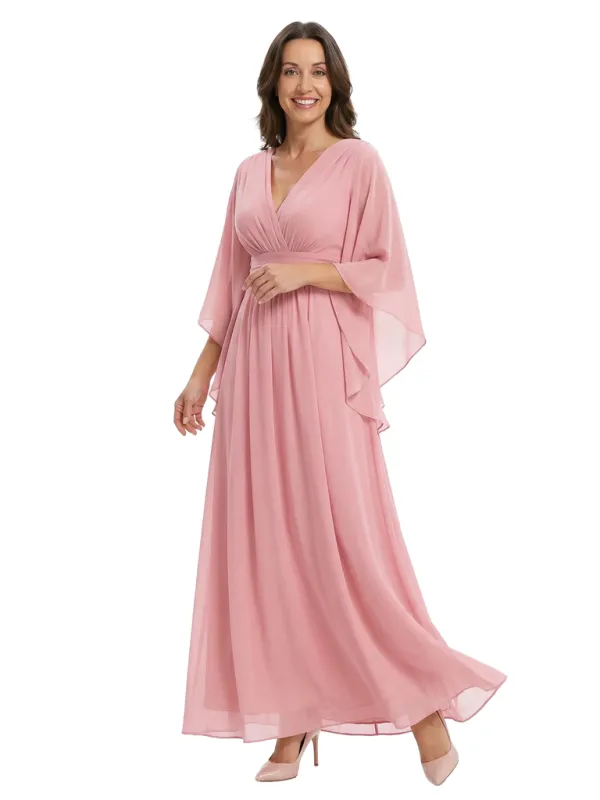 Chicsew Stunning Long Flutter Sleeve Ruched Chiffon Mother of The Bride Gown sold by ChicSew